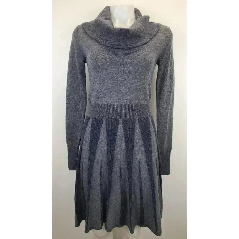 BCBGMaxAzria Steel Blue Gray Navy Fit Flare Art Deco Cowl Neck Sweater Dress XS